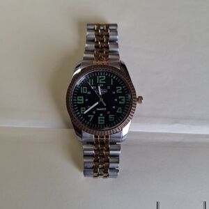 Two-Tone Stainless Steel Quartz Watch with Green Numerals